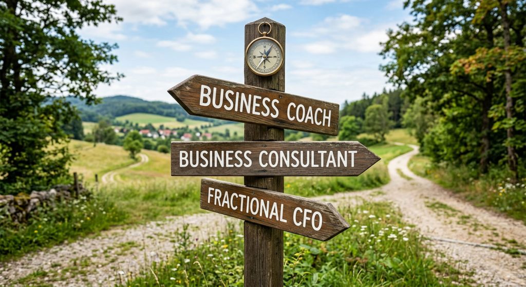 Signpost showing three options for business owners: business coach, business consultant, or fractional CFO