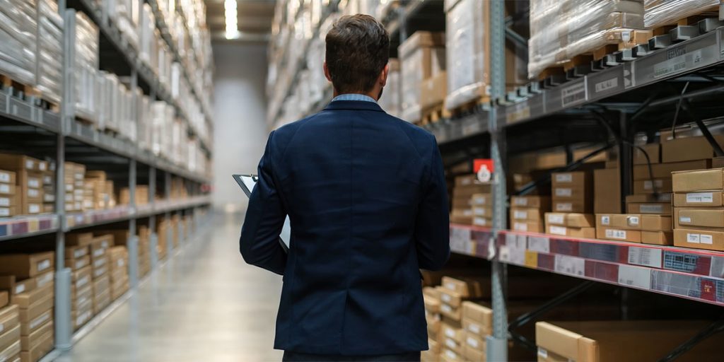 Small business owner in a warehouse reviewing inventory, a common cause of business cash flow management